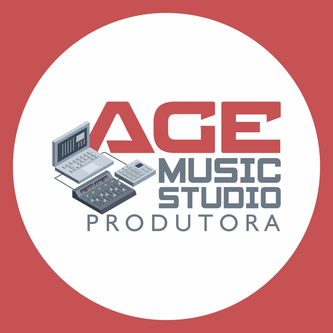 Logotipo AGE Music Studio No centro da imagem tem uma mesa de som, a esquerda da mesa uma controladora, na parte inferior direita a palavra Produtora e a cima destacado o nome do Estúdio